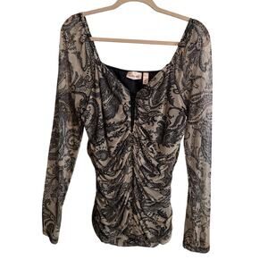 Willow Root Ruched Sheer Criss Cross Neckline Long Sleeve Blouse XL